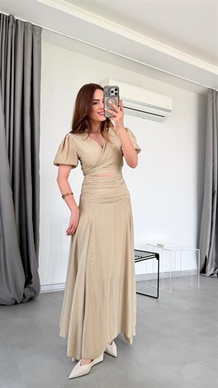 Yağ Yeşili Dexter Kruvaze Bluz Drapeli Etek Takım