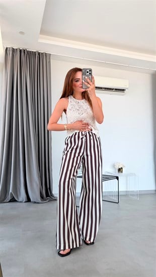 Kahve Ekru Roxel Bağlama Detaylı Pantolon