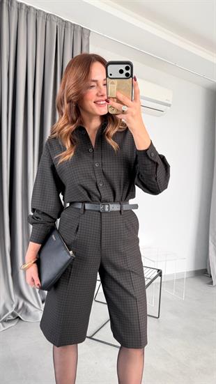 Kemerli Uzun Şort Gömlek Takım