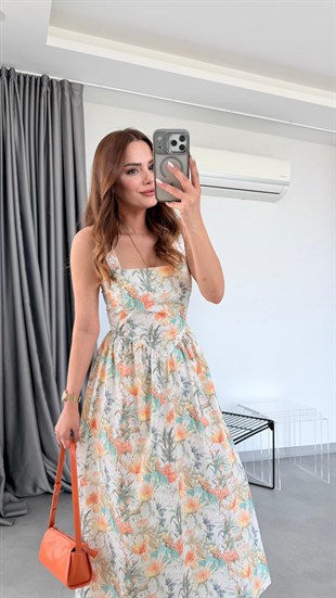 Çiçek Desenli Pavella Kalın Askılı Elbise
