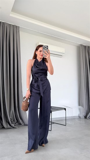 Lacivert Axel Beli Bağlama Detaylı Bluz Pantolon Takım