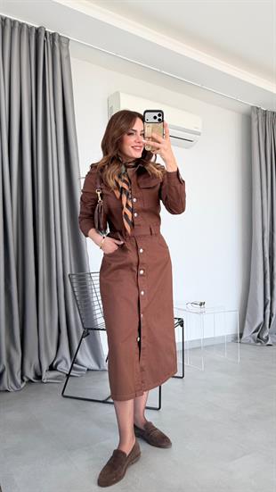 Gloria Boydan Düğmeli Cepli Kuşaklı Denim Elbise