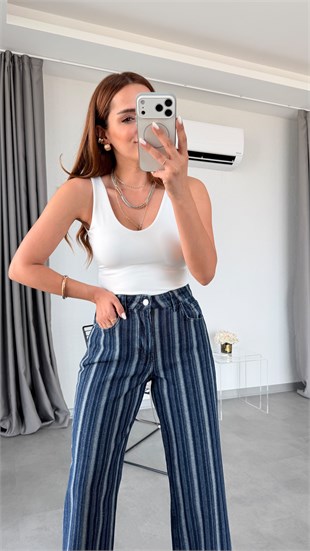 Lacivert Çizgili Majuro Yüksek Bel Palazzo Jean