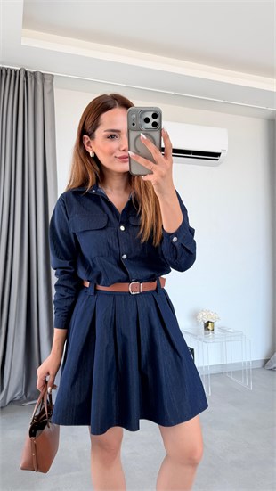 Lacivert Çizgili Wels Çıtçıtlı Eteği Pileli Gabardin Gömlek Elbise