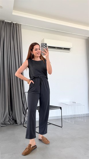 Antrasit Miya Sıfır Kol Bluz Pantolon Takım