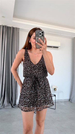 Siyah Peony Askılı Pullu Elbise