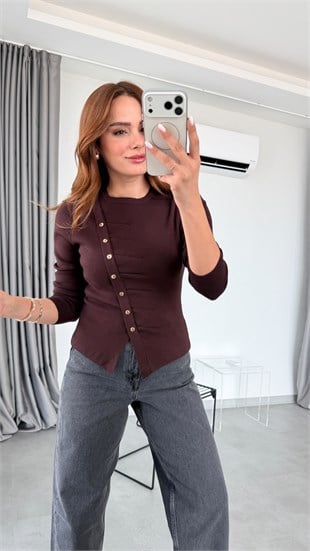 Kahve Joey Uzun Kol Asimetrik Düğmeli Triko Bluz