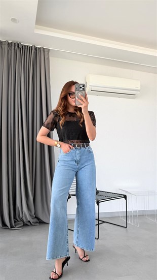 Açık Mavi Elya Kemerli Bol Paça Jean
