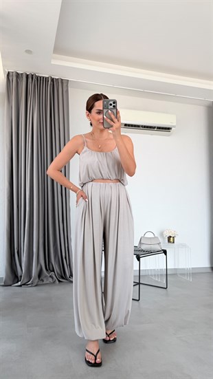 Taş Rengi Elba İp Askılı Bluz Pantolon Takım
