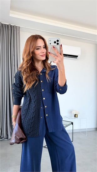 Lacivert Karen Triko Detaylı Modal Takım