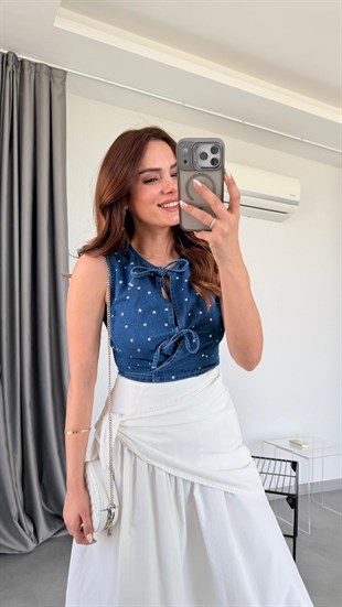 Mavi Seul Fiyonk Detaylı Yelek