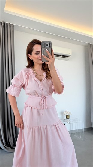 Pembe Jade Dantel Detaylı Takım