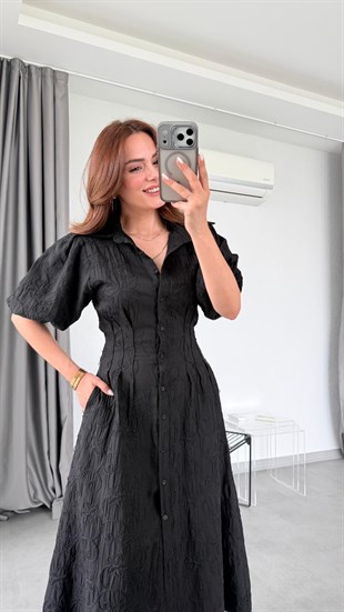 Siyah Elena Balon Kol Çiçek Desenli Elbise