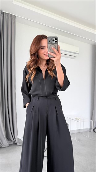 Siyah Chen Dikişli Kemer Detaylı Bluz Pantolon Takım