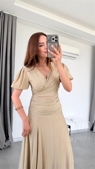 Yağ Yeşili Dexter Kruvaze Bluz Drapeli Etek Takım