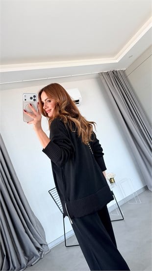 Siyah Tonata Yanı Fermuarlı Triko Takım