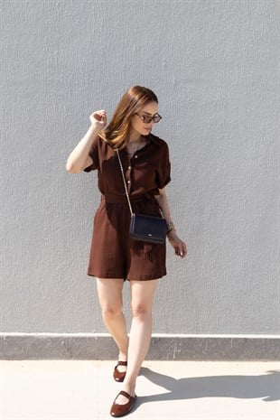 Kahve Kısa Valencia Beli Bağlamalı Gömlek Yaka Tulum