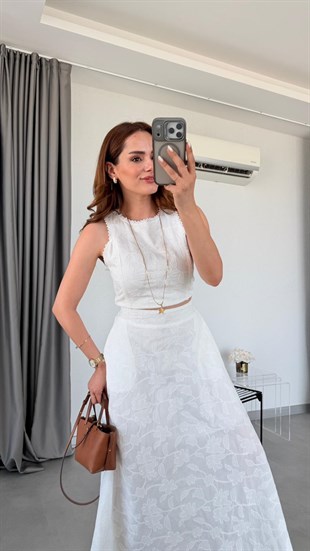 Beyaz Bianca Brode Crop Etek Takım