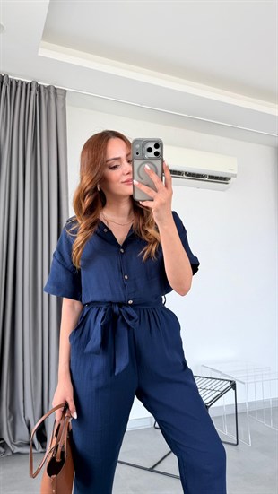 Lacivert Uzun Valencia Beli Bağlamalı Gömlek Yaka Tulum