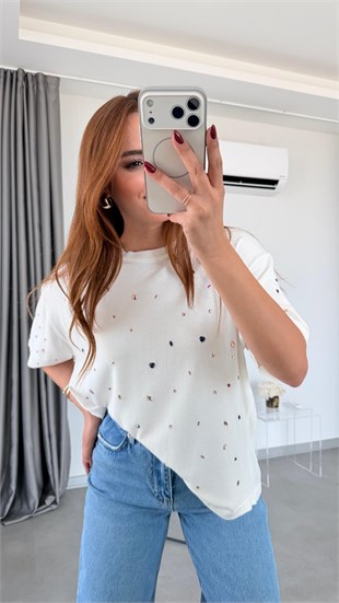 Renkli Taşlı Reyes Triko Bluz