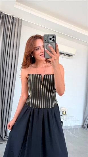 Siyah Harmony Fermuar Detaylı Straplez Bluz