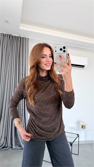 Kahve Puno Drapeli Balıkçı Yaka Bluz