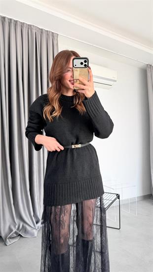 Etek Ucu Tül Detaylı Triko Elbise