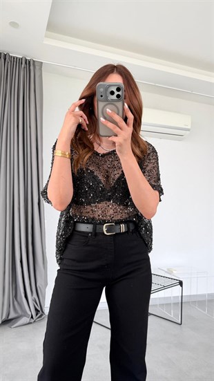 Siyah Viktorya Pull Tasarım File Bluz