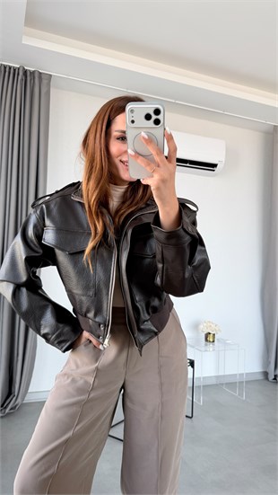 Kahve Santiago Orginal Model Beli Lastikli Deri Ceket
