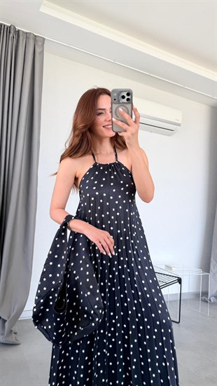 Siyah Mila Puantiyeli Çantalı Elbise