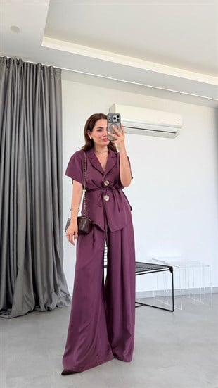 Bordo Metis Çift Gold Düğmeli Gömlek Pantolon Takım