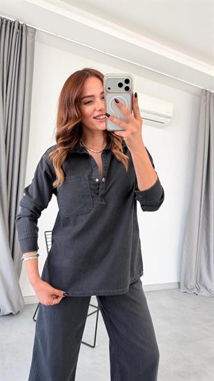 Yırtmaç Detaylı Denim Takım