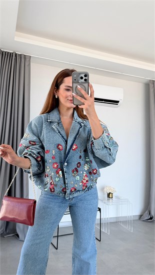Mavi Nakış İşlemeli Bomber Kot Ceket