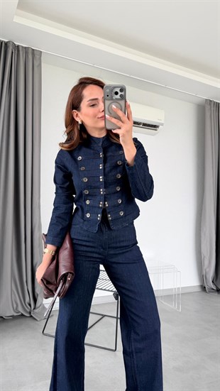 Lacivert Agraflı Tasarım Denim Takım
