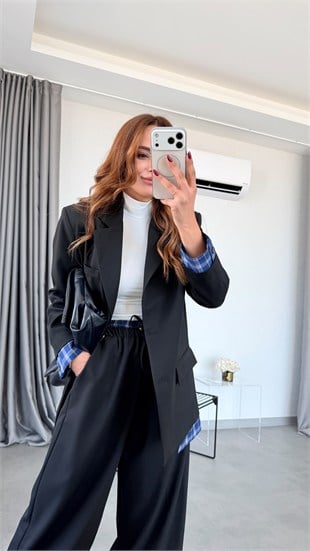 Siyah Quzu Ekose Detaylı Ceket