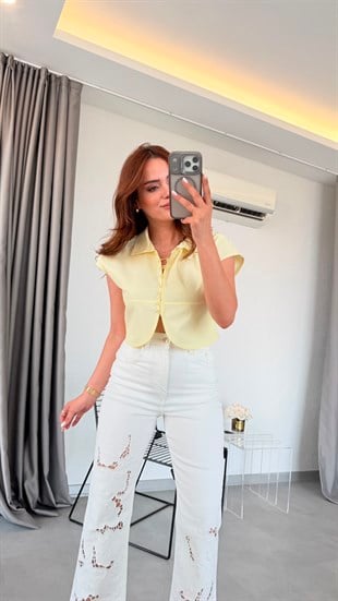 Sarı Fiona Önü Britli Crop Gömlek