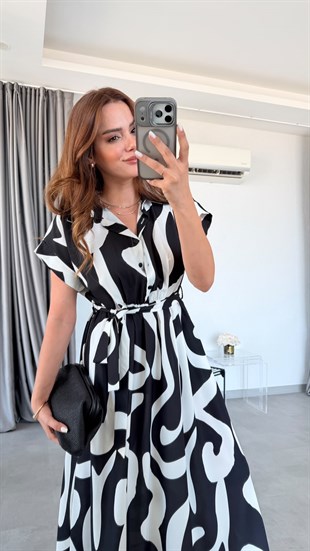 Siyah Beyaz Kendra Bağlama Detaylı Elbise