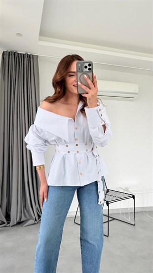 Beyaz Carla Tasarım Model Kemerli Gömlek