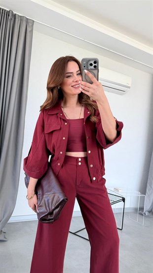 Bordo Lina Bomber Ceket Pantolon Takım