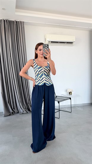 Lacivert Perla Geniş Paça Dökümlü Pantolon