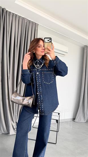 Zımba Detaylı Denim Ceket Pantolon Takım