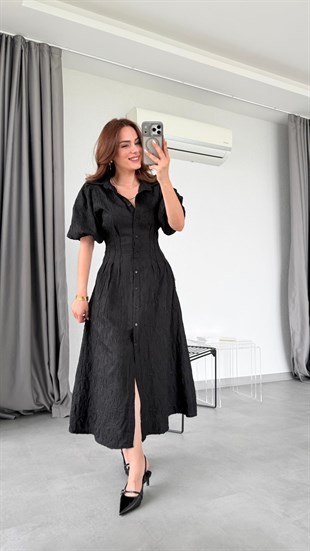 Siyah Elena Balon Kol Çiçek Desenli Elbise