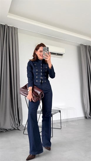 Lacivert Agraflı Tasarım Denim Takım