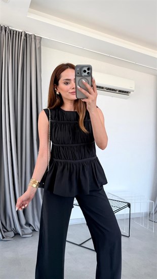 Siyah Beatriz Nervürlü Bluz Pantolon Takım