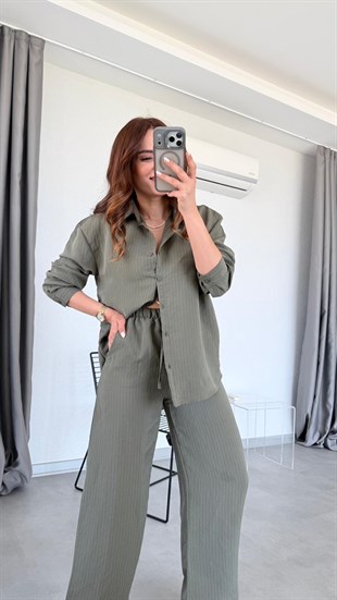 Haki Fayet Çizgili Gömlek Pantolon Takım