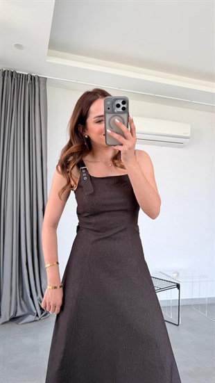 Kahve Rose Ayarlanabilir Askılı Denim Elbise