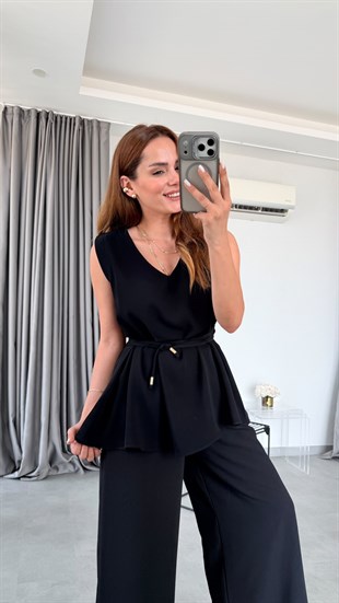 Siyah Idal V Yaka Bluz Pantolon Takım