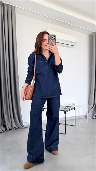 Koyu Mavi Yunara Yırtmaç Detaylı Denim Takım