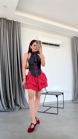 Kırmızı Lacivert Belly Tasarım Korseli Elbise