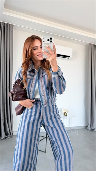 Pembe Çizgili Kita Cep Denim Ceket